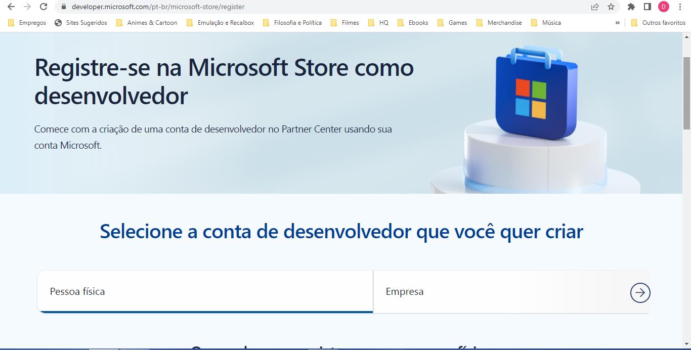 Tela de registro no site da Microsoft mostrando a opção Pessoa Física selecionada